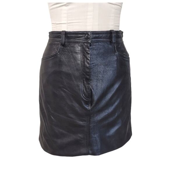 VAKKO Upcycled Black Leather Mini Skirt Sz 10 High Waist Jean Style Vintage Y2K - Picture 1 of 11